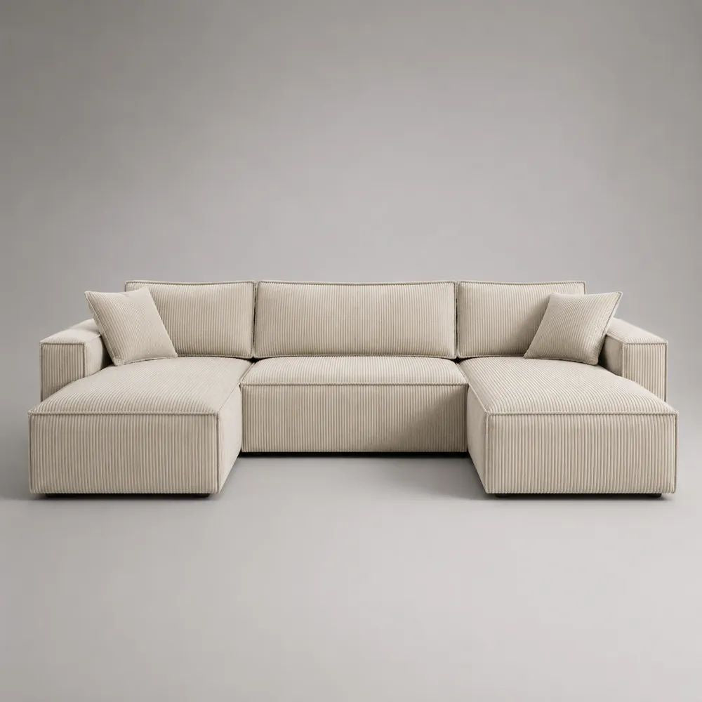Divano angolare a U 5 posti beige 320 x 160 x 85 cm in velluto a coste di poliestere
