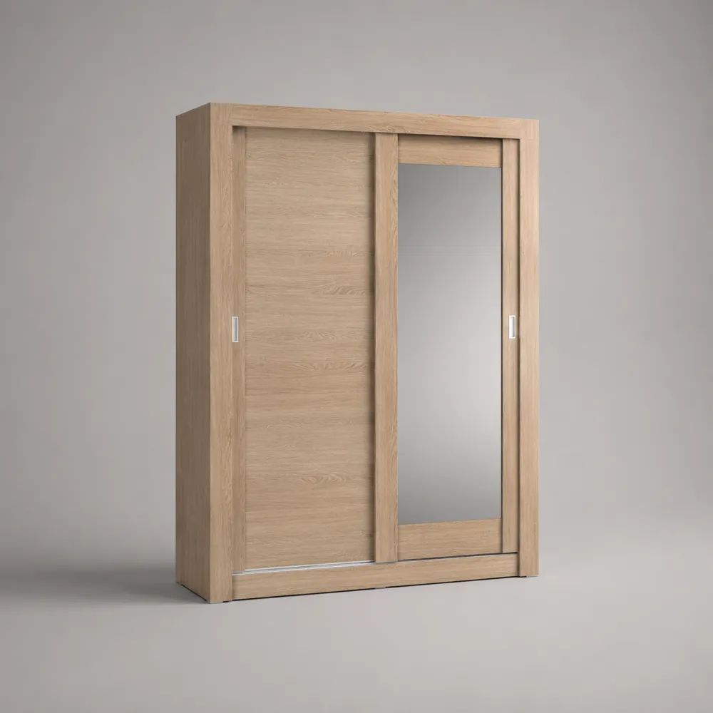 Armadio guardaroba in legno a 2 ante scorrevoli con specchio, rovere chiaro, 120 x 55 x 200 cm