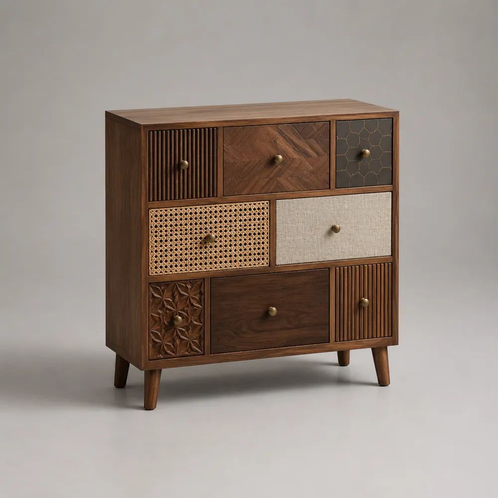 Cassettiera alta rettangolare con 8 cassetti in legno, rattan e dettagli metallici, marrone noce, beige e ottone, 90 x 40 x 100 cm