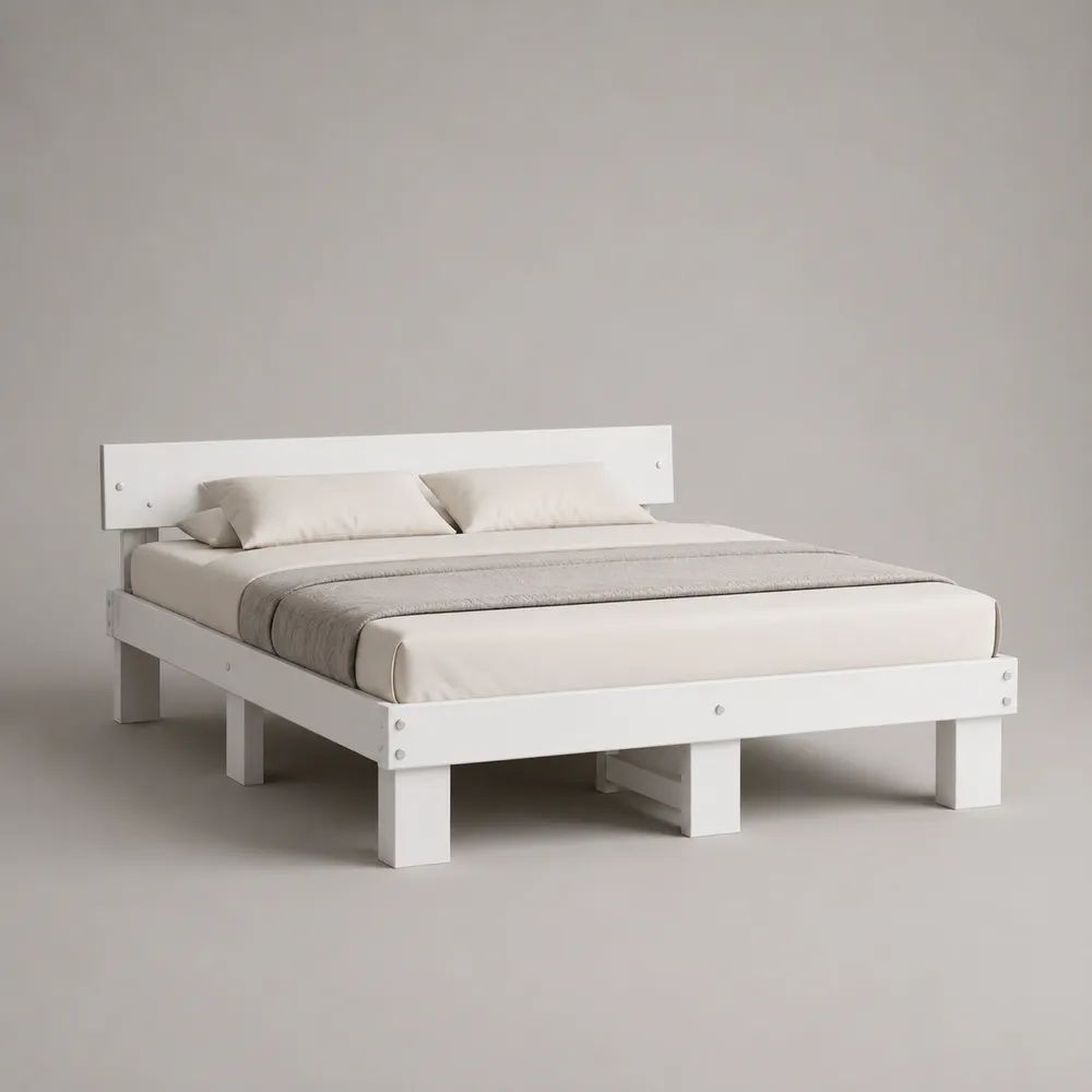 Letto matrimoniale 160 x 200 cm bianco rettangolare in pino massello con testiera e rete a doghe