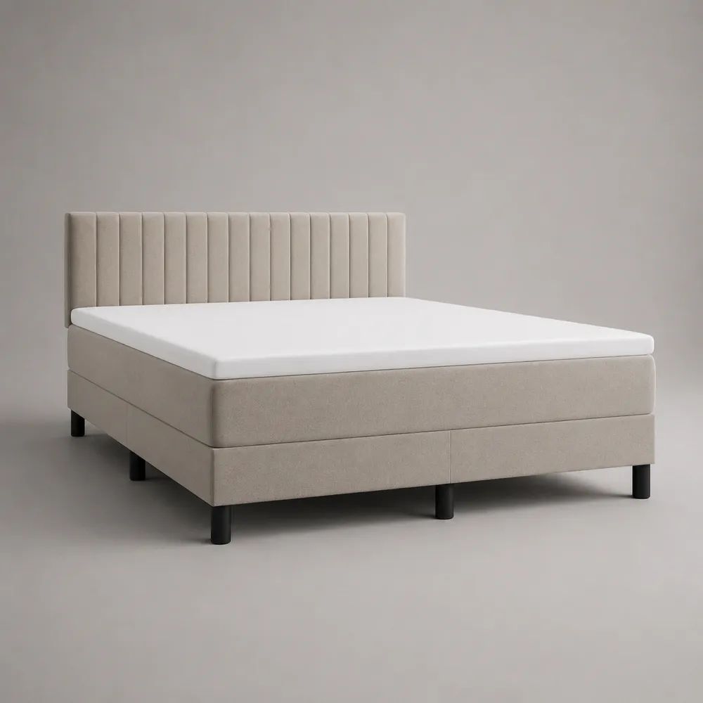 Letto matrimoniale boxspring beige 160 x 200 cm con materasso, topper e testiera imbottita in tessuto