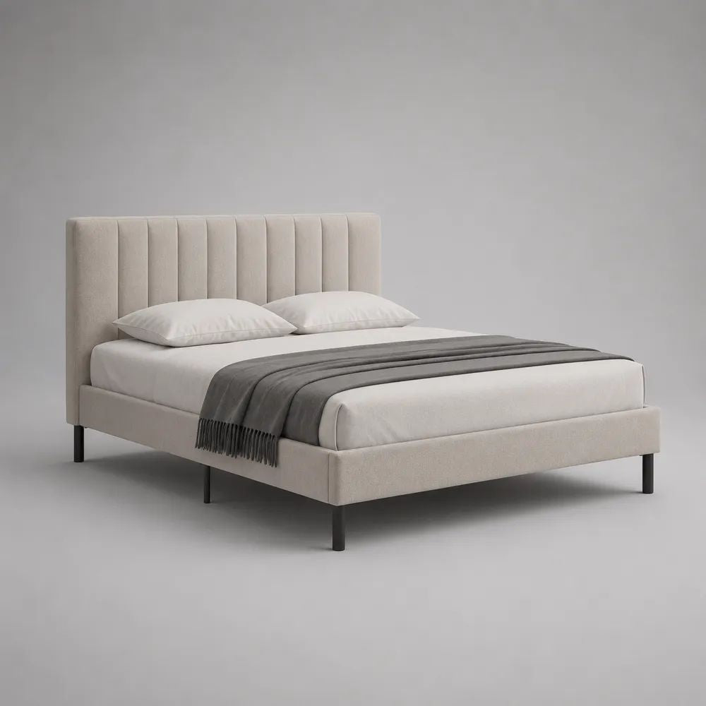 Letto matrimoniale imbottito beige e nero 160 × 200 cm con testiera in tessuto bouclé e rete a doghe