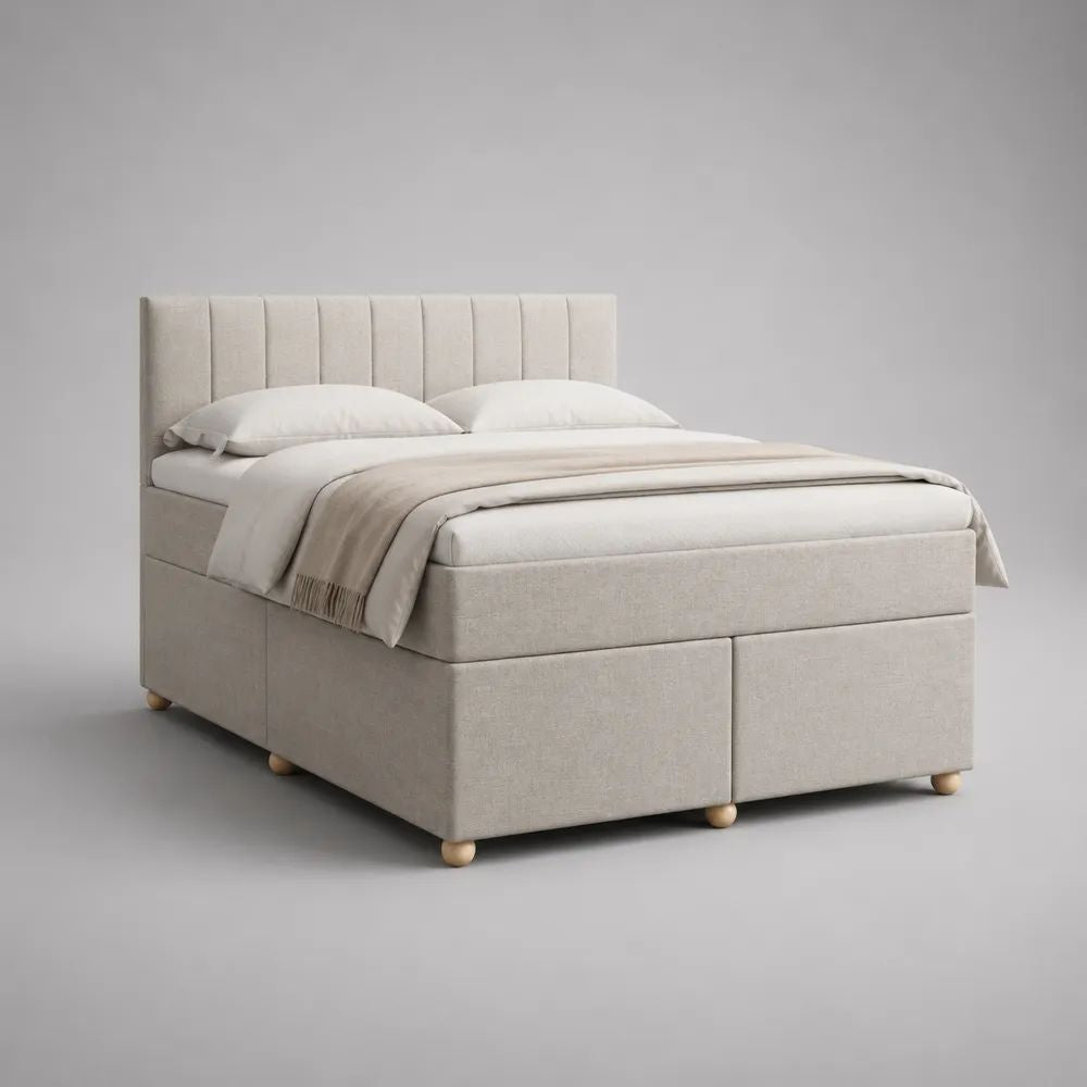 Letto matrimoniale imbottito beige in tessuto 170 x 215 x 115 cm, per materasso 160 x 200 cm, con testiera a pannelli verticali