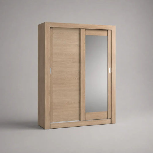 Armadio guardaroba in legno a 2 ante scorrevoli con specchio, rovere chiaro, 120 x 55 x 200 cm