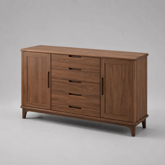 Comò rettangolare marrone noce in MDF impiallacciato e legno massello con 5 cassetti e 2 ante, 140 × 40 × 90 cm