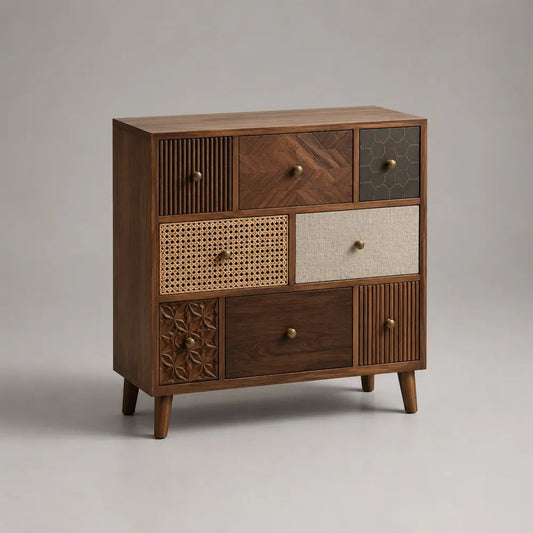 Cassettiera alta rettangolare con 8 cassetti in legno, rattan e dettagli metallici, marrone noce, beige e ottone, 90 x 40 x 100 cm