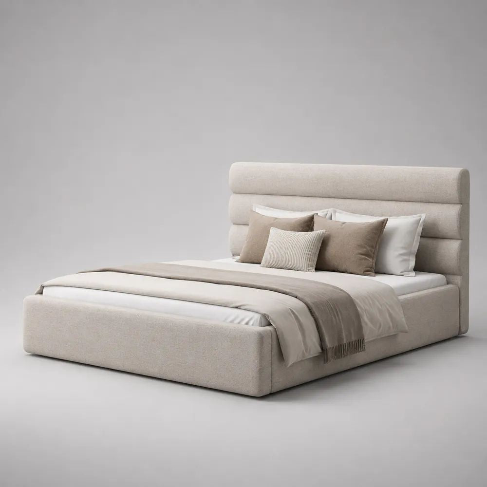 Letto matrimoniale imbottito beige in tessuto, per materasso 160 × 200 cm, dimensioni 180 × 220 × 130 cm, con testiera alta