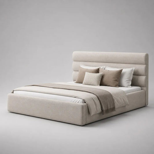 Letto matrimoniale imbottito beige in tessuto, per materasso 160 × 200 cm, dimensioni 180 × 220 × 130 cm, con testiera alta