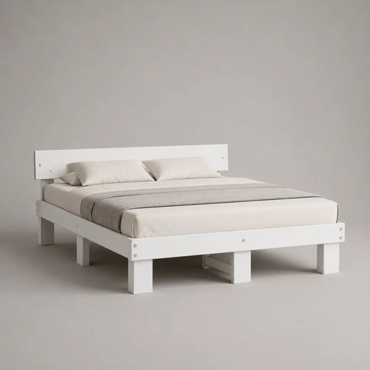 Letto matrimoniale 160 x 200 cm bianco rettangolare in pino massello con testiera e rete a doghe