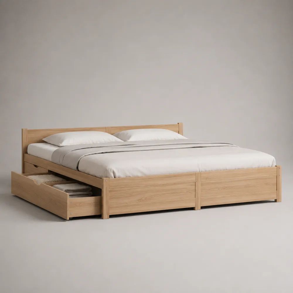 Letto matrimoniale in pino massello con 2 cassetti contenitore, rovere naturale, 168 x 207 x 86 cm, per materasso 160 x 200 cm
