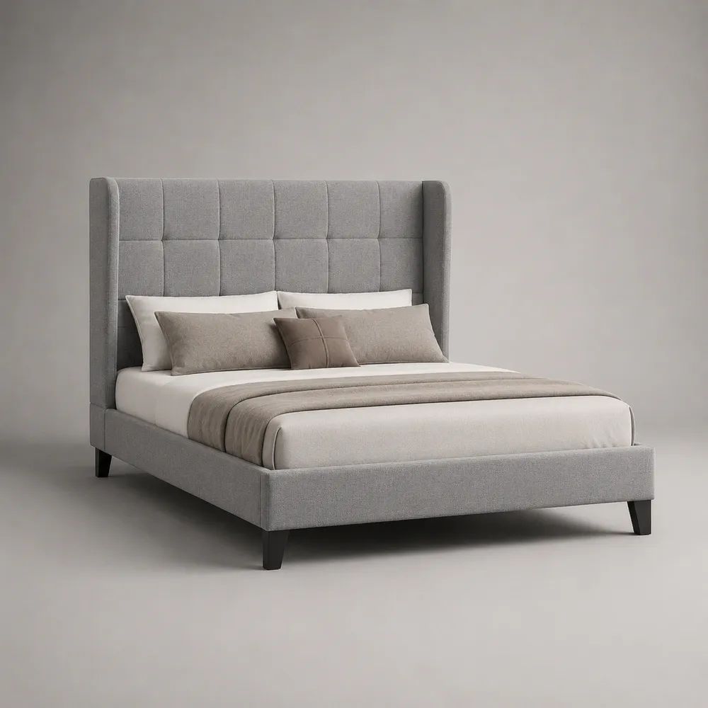 Letto matrimoniale imbottito in tessuto grigio chiaro 177 x 218 x 140 cm, rete 160 x 200 cm e testiera alta trapuntata