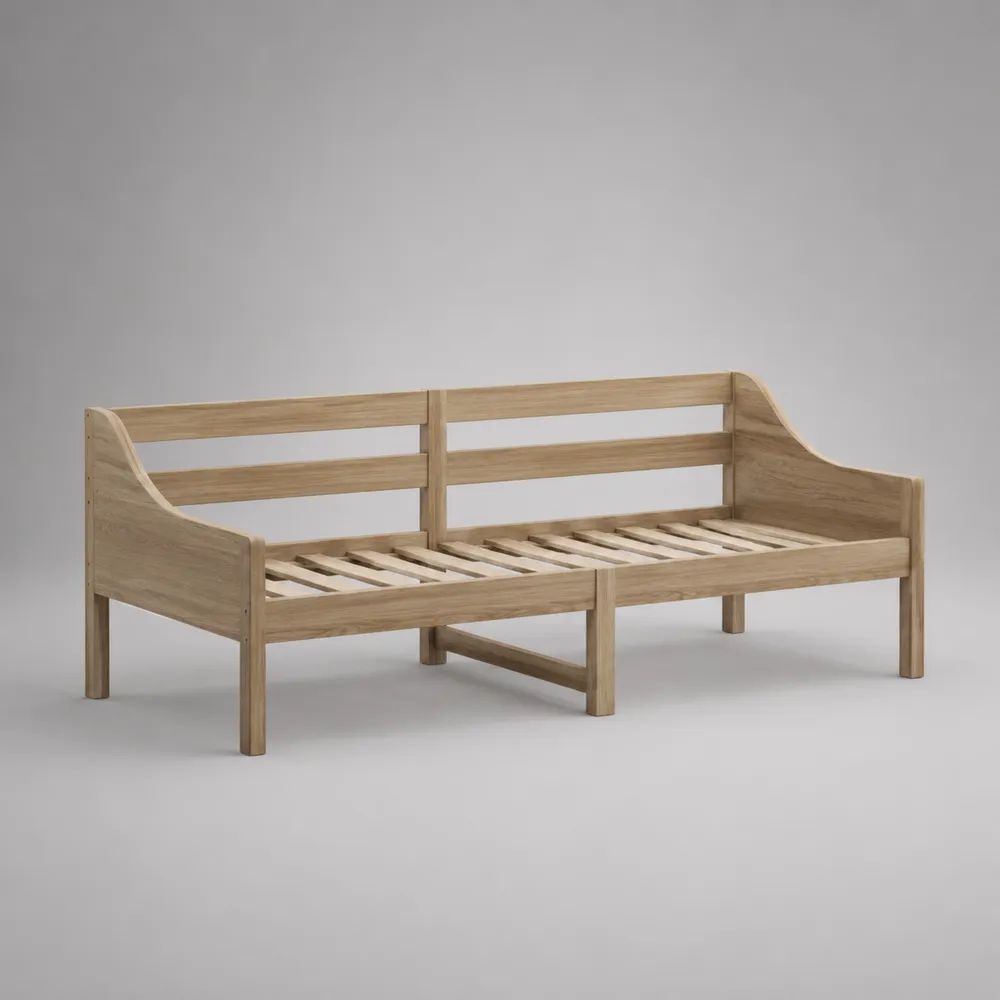Letto divano singolo in legno naturale con sponde e rete a doghe, 90 x 200 cm, dimensioni 208 x 98 x 80 cm