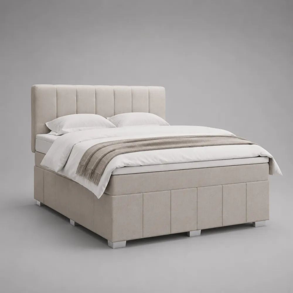 Letto matrimoniale boxspring imbottito beige 169 x 213 x 115 cm, superficie di riposo 160 x 200 cm, in poliestere con materasso, sovramaterasso e testiera