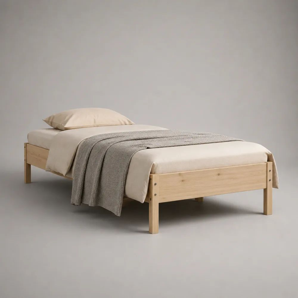 Letto singolo 90 x 200 cm in legno, colore beige naturale, struttura rettangolare senza testiera