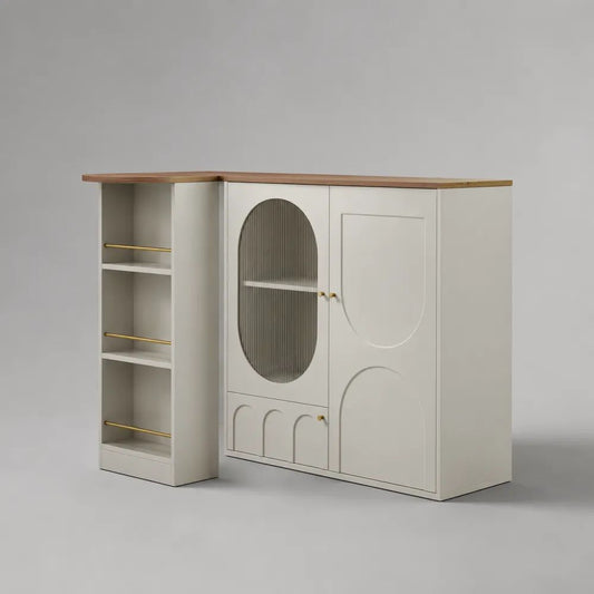 Mobile bar rettangolare in legno, metallo e vetro scanalato, bianco crema e rovere naturale, 140 x 40 x 105 cm