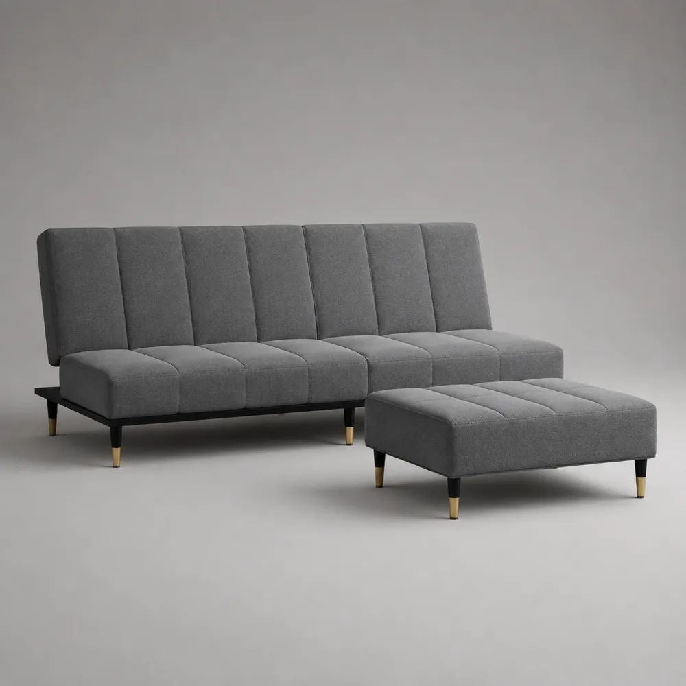 Divano 3 posti senza braccioli con pouf, set 2 pezzi grigio in poliestere, 188 x 82 x 85 cm e 91 x 61 x 42 cm