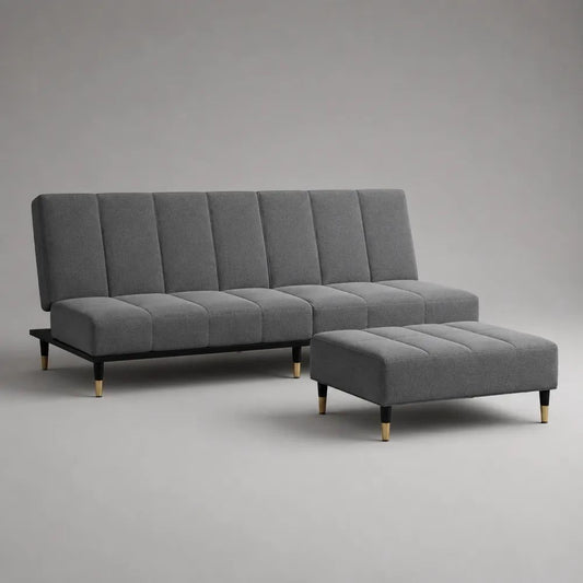 Divano 3 posti senza braccioli con pouf, set 2 pezzi grigio in poliestere, 188 x 82 x 85 cm e 91 x 61 x 42 cm