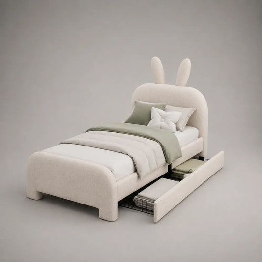 Letto singolo per bambini 90 x 200 cm bianco crema con testiera a coniglio in tessuto bouclé e contenitore laterale