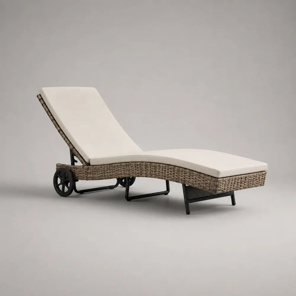 Lettino prendisole da esterno reclinabile con ruote in polyrattan PE e acciaio, talpa e crema, 200 x 65 x 95 cm