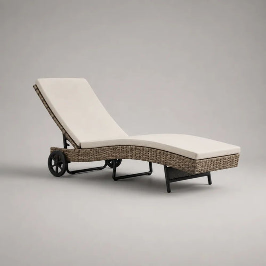 Lettino prendisole da esterno reclinabile con ruote in polyrattan PE e acciaio, talpa e crema, 200 x 65 x 95 cm