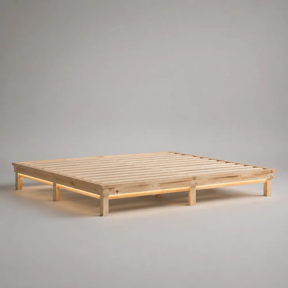 Letto matrimoniale in legno naturale per materasso 200 x 200 cm, dimensioni 205 x 205 x 28 cm, con rete a doghe e illuminazione LED
