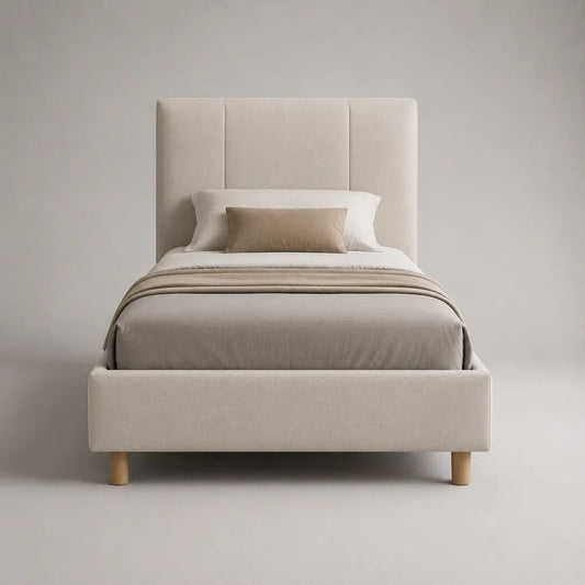 Letto singolo imbottito in tessuto beige crema con testiera alta e rete a doghe, materasso 90 x 200 cm, dimensioni 105 x 215 x 120 cm