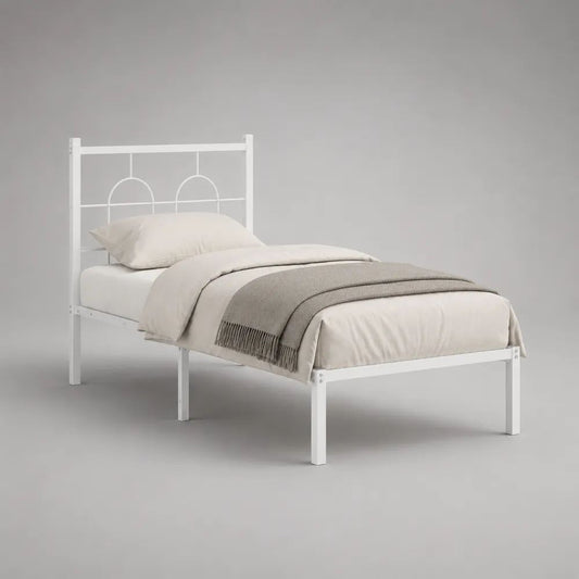 Letto singolo rettangolare in acciaio bianco 96 × 205 × 90 cm, rete 90 × 200 cm e testiera geometrica
